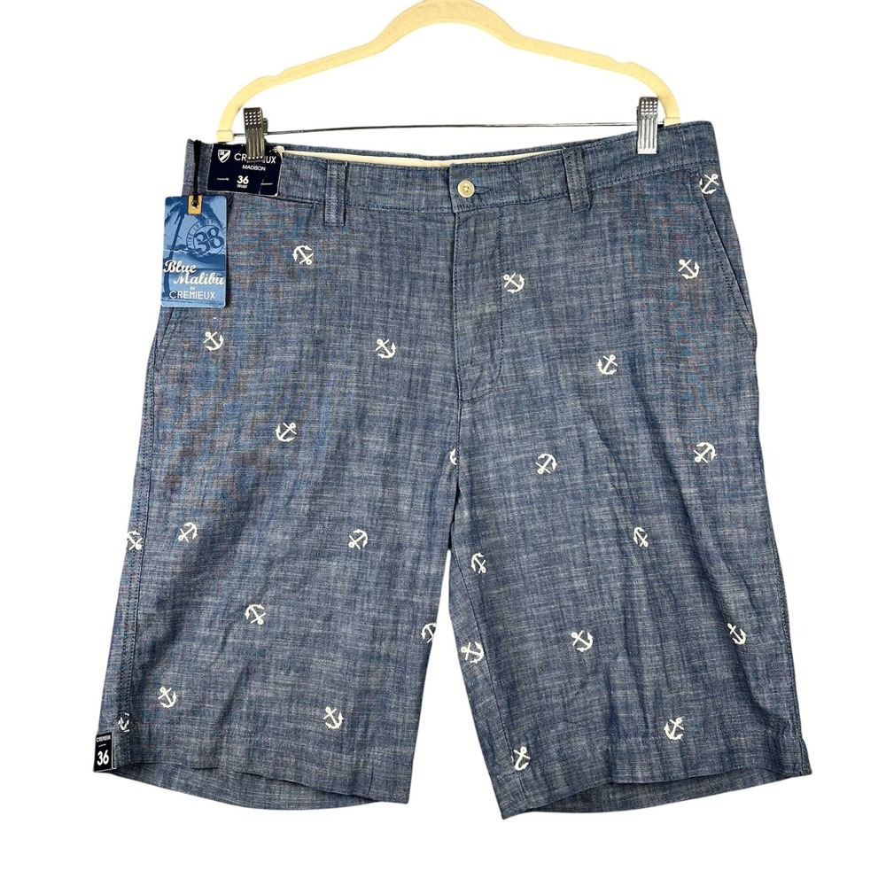 CREMIEUX MADISON Blue Chambray Shorts Mens‎ Size 36 Pockets Zip Anchors Nautical